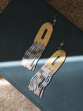 Brass Arch Drop Earrings with Blush and soft blue beaded fringe